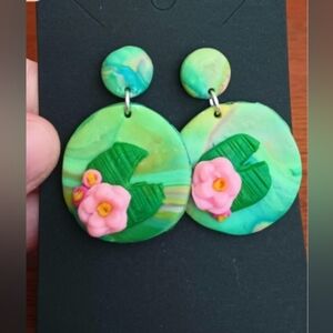 Pink Flowers on Lily Pad in Pond Clay Earrings